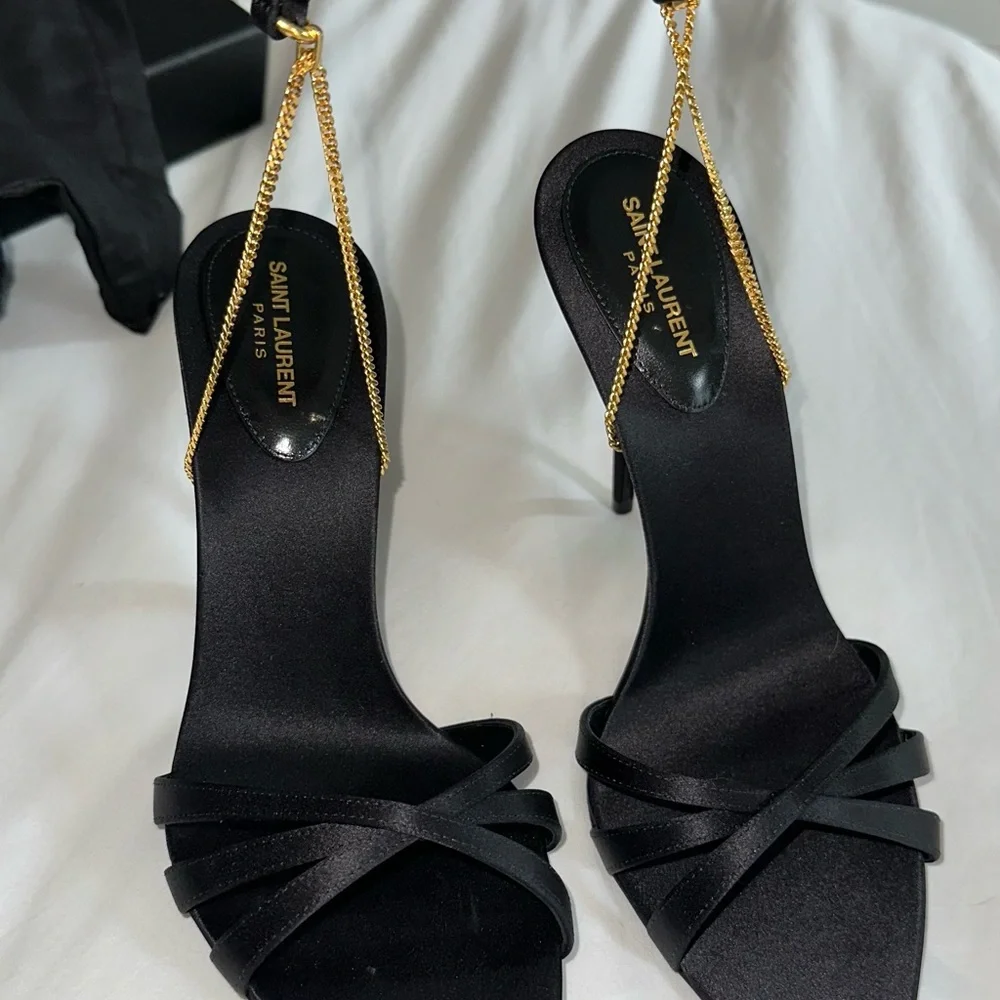 Authentic Saint Laurent Black Satin Chain Heels - Picture 9 of 10